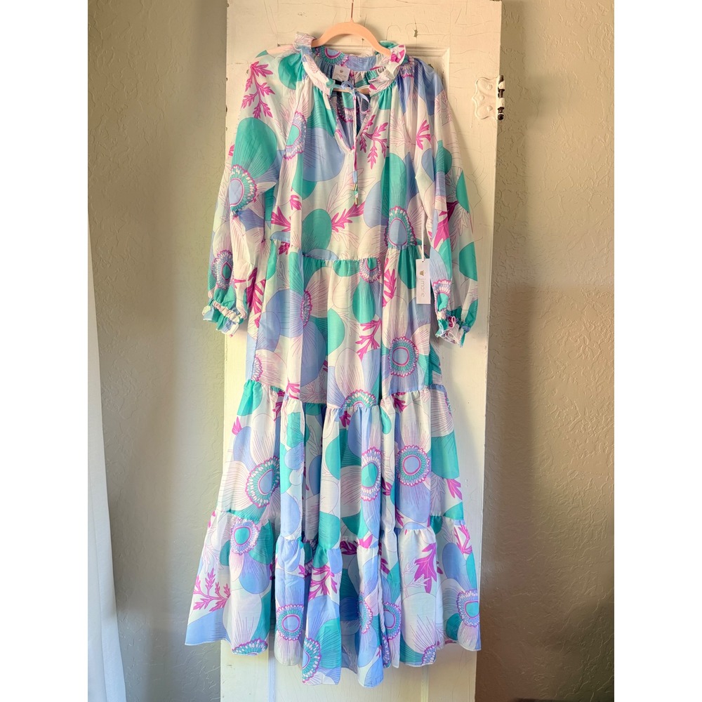 J. Marie Floral Tiered Maxi Dress Blue Purple Pink Size S NWT